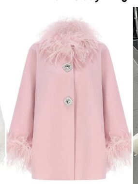Pink Feather Accent Collar & Cuff Trim Cape Like Coat Jacket Bell Sleeve Luxury